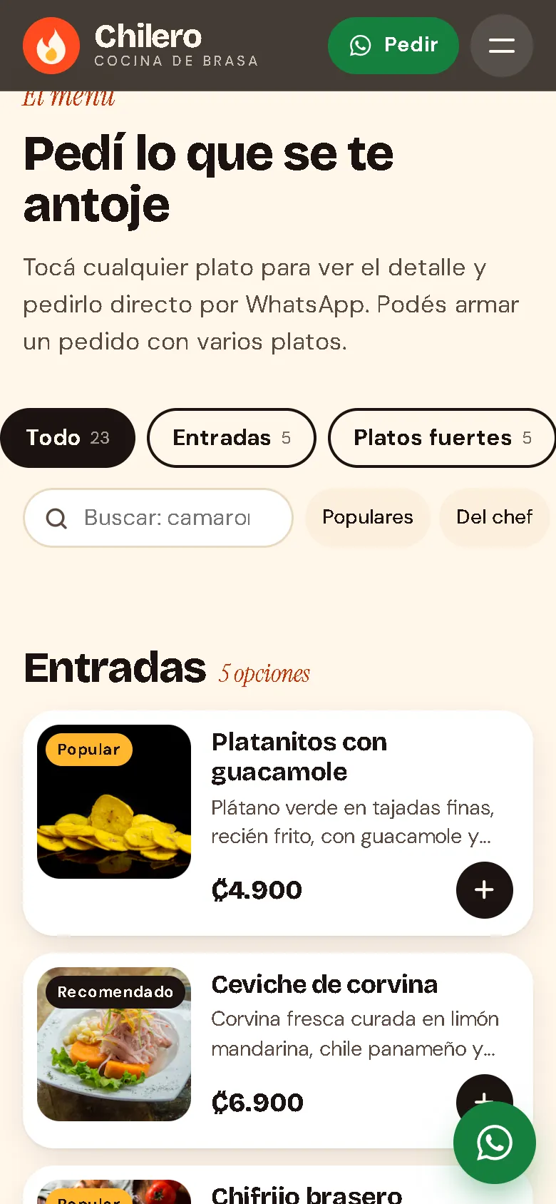 Captura del menú web completo en celular